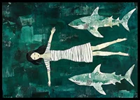 Dark mysterious sea with a girl surrounded by sharks-6