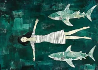 Dark mysterious sea with a girl surrounded by sharks-7