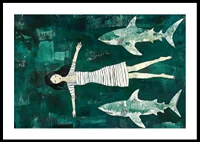 Dark mysterious sea with a girl surrounded by sharks-0