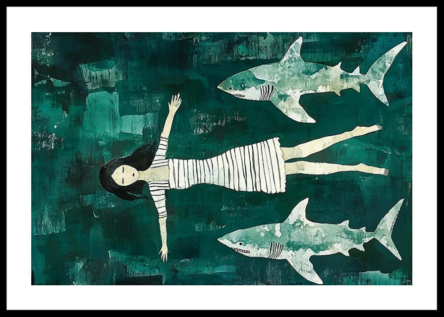 Dark mysterious sea with a girl surrounded by sharks-12