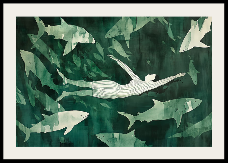 Egy nő nyugodtan lebeg a zöld vizekben a cápák sziluettjei között-12