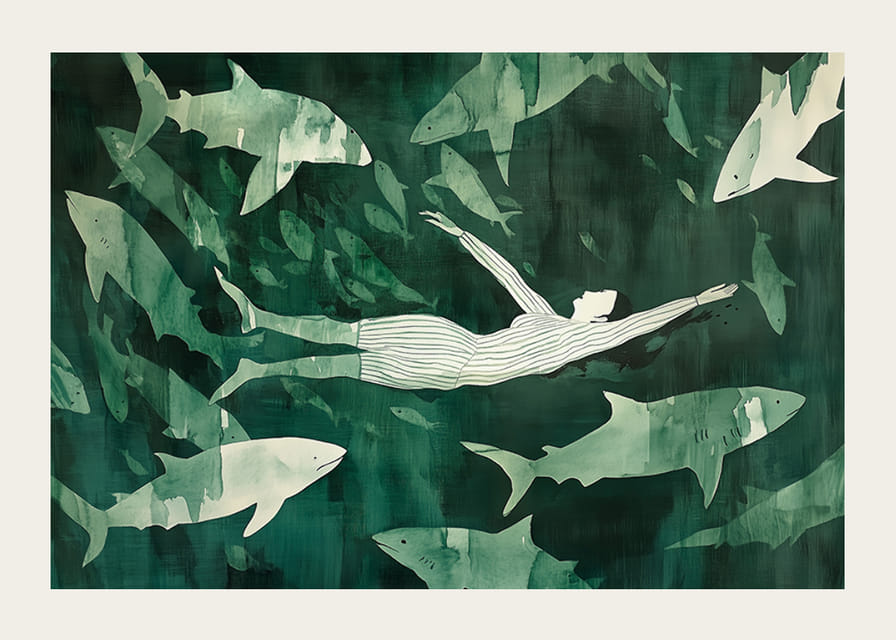 Egy nő nyugodtan lebeg a zöld vizekben a cápák sziluettjei között-12