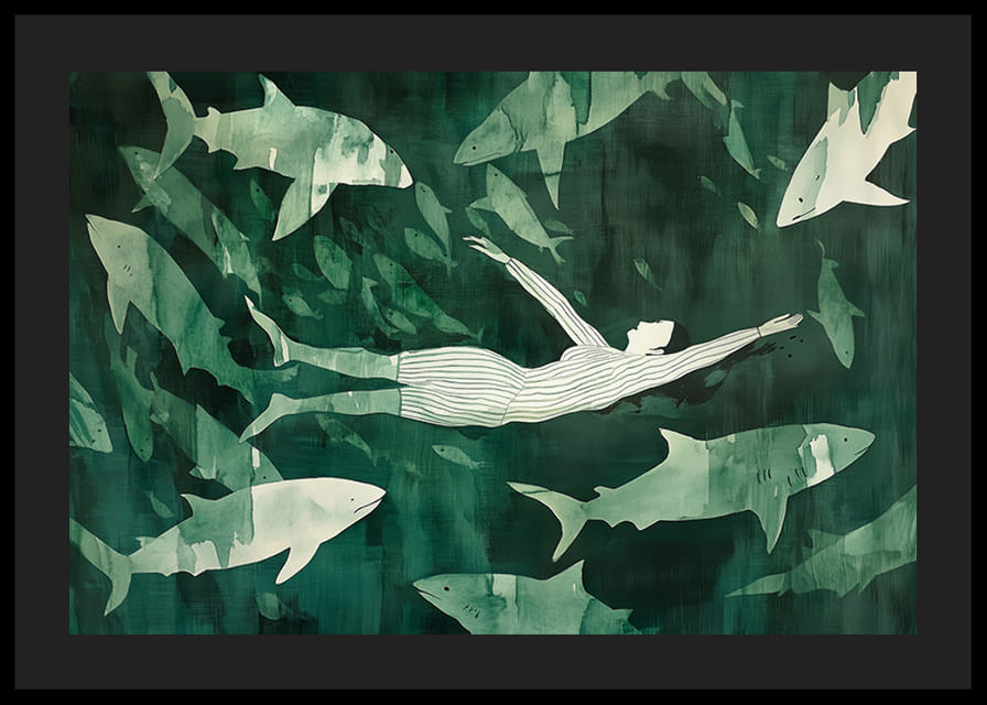 Egy nő nyugodtan lebeg a zöld vizekben a cápák sziluettjei között-12