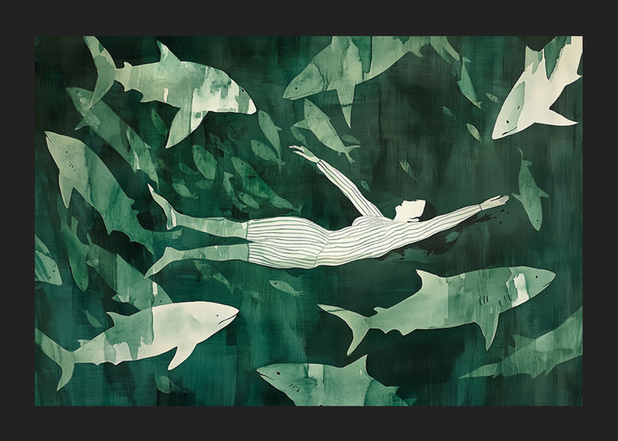 Egy nő nyugodtan lebeg a zöld vizekben a cápák sziluettjei között-12