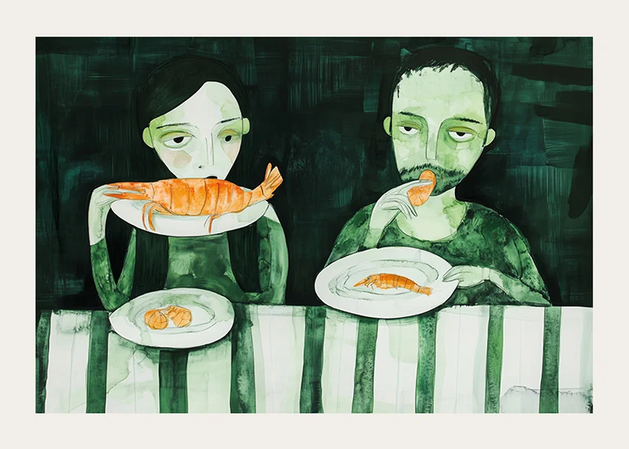 Two people share a quiet meal of shrimp-12
