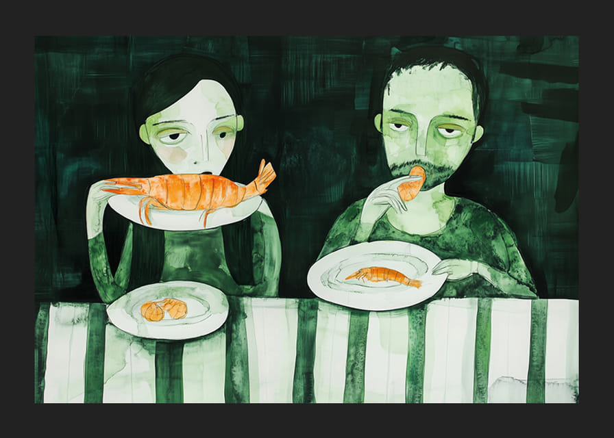 Dwie osoby dzielą się cichym posiłkiem składającym się z krewetek-12