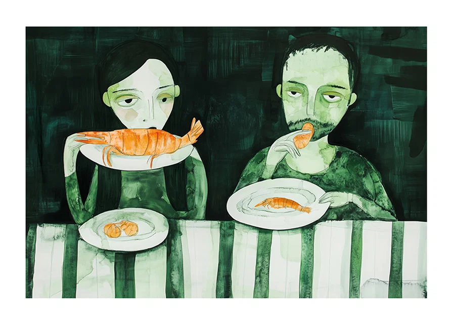 Two people share a quiet meal of shrimp-12