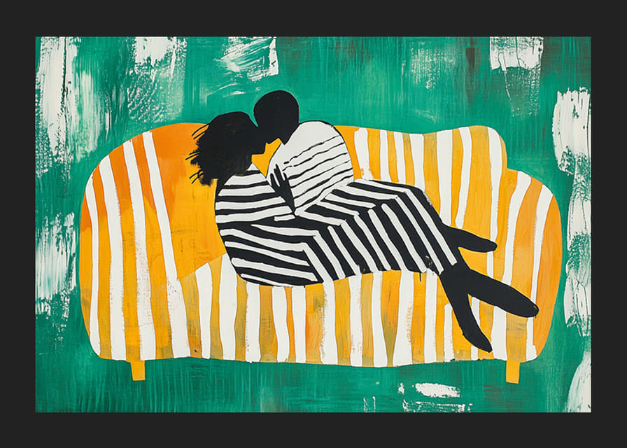 Două persoane îmbrățișate iubitoare pe o canapea în dungi-12