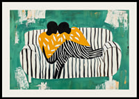 Two figures in a soft embrace on a striped sofa against a green background-2