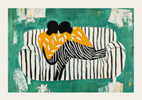 Two figures in a soft embrace on a striped sofa against a green background-3
