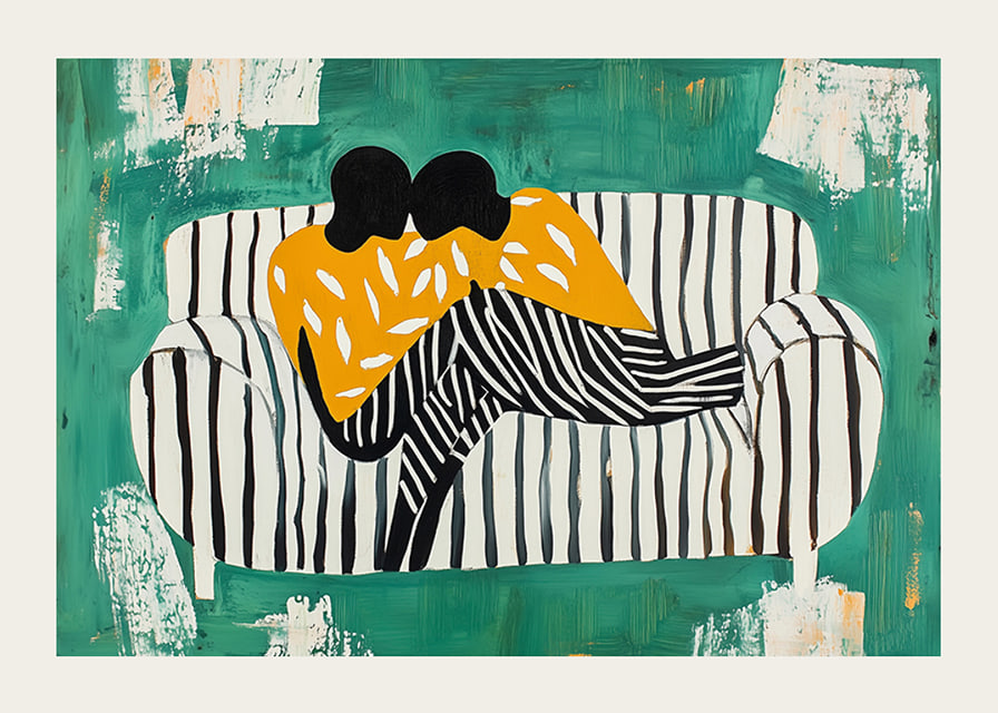 Two figures in a soft embrace on a striped sofa against a green background-12