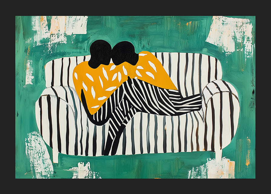 Two figures in a soft embrace on a striped sofa against a green background-12