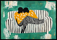 Two figures in a soft embrace on a striped sofa against a green background-6