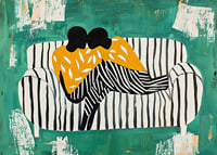 Two figures in a soft embrace on a striped sofa against a green background-7