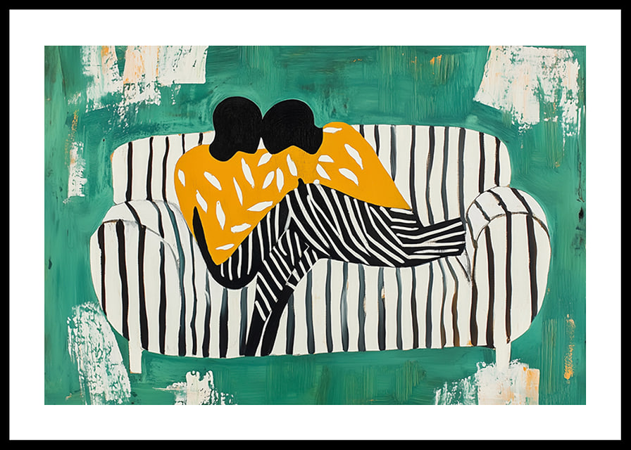 Two figures in a soft embrace on a striped sofa against a green background-12