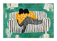 Two figures in a soft embrace on a striped sofa against a green background-1