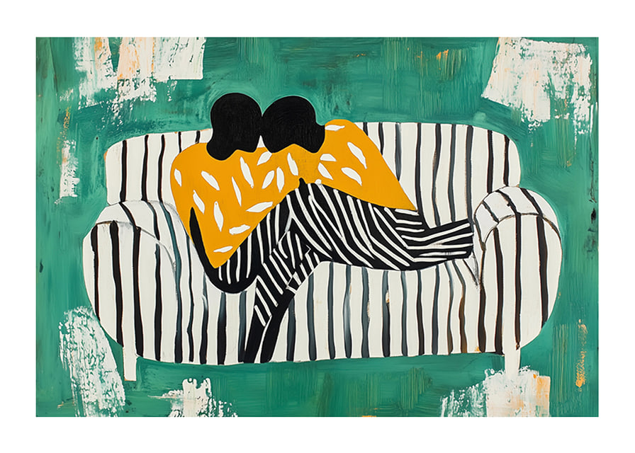 Two figures in a soft embrace on a striped sofa against a green background-12