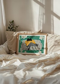 Two figures in a soft embrace on a striped sofa against a green background-8