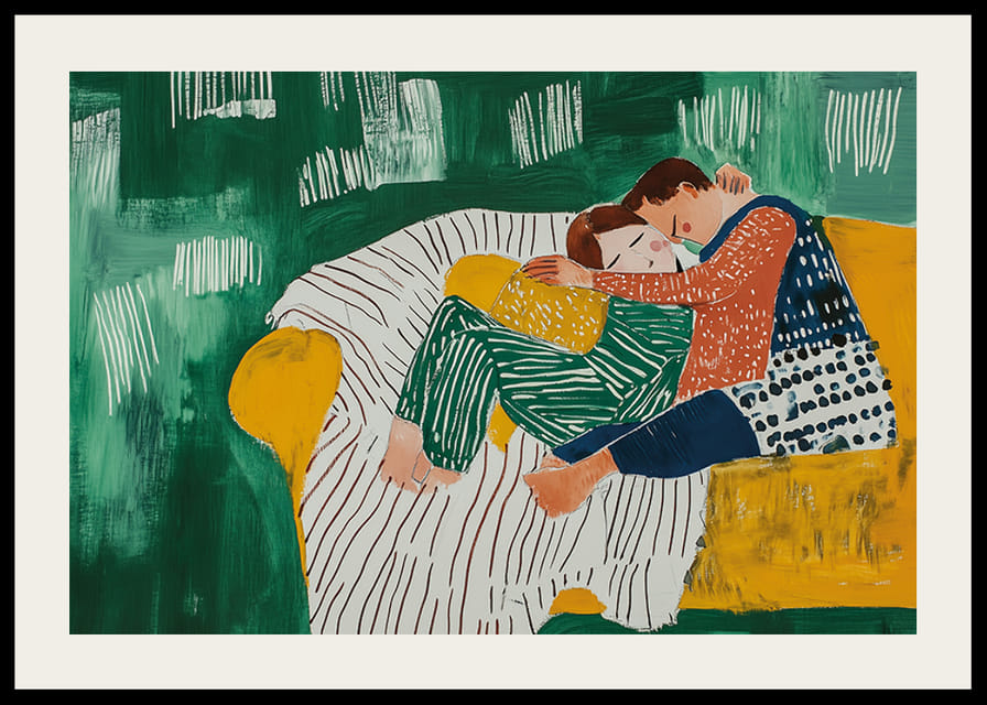 Peinture d'un couple enlacé aux couleurs et motifs doux-12
