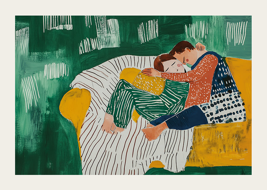Painting of a couple hugging in soft colors and patterns-12