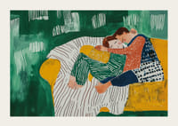 Peinture d'un couple enlacé aux couleurs et motifs doux-3