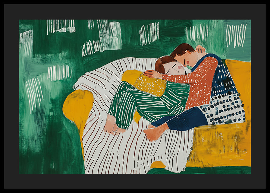 Painting of a couple hugging in soft colors and patterns-12