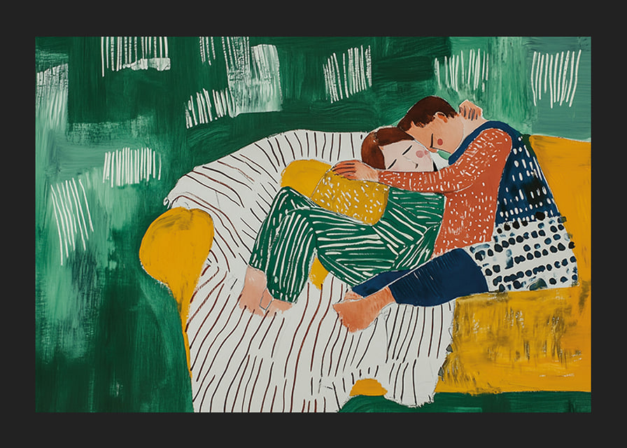 Painting of a couple hugging in soft colors and patterns-12