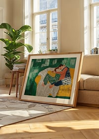 Painting of a couple hugging in soft colors and patterns-8
