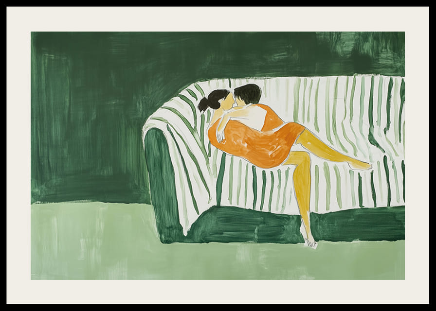 Dvaja ľudia objímajúci sa na pohovke na zelenom pozadí-12