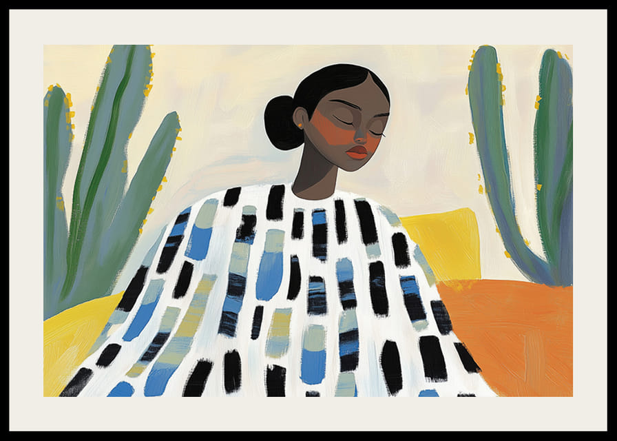 En kvinne i fredelig hvile omgitt av kaktuser og livlige farger-12