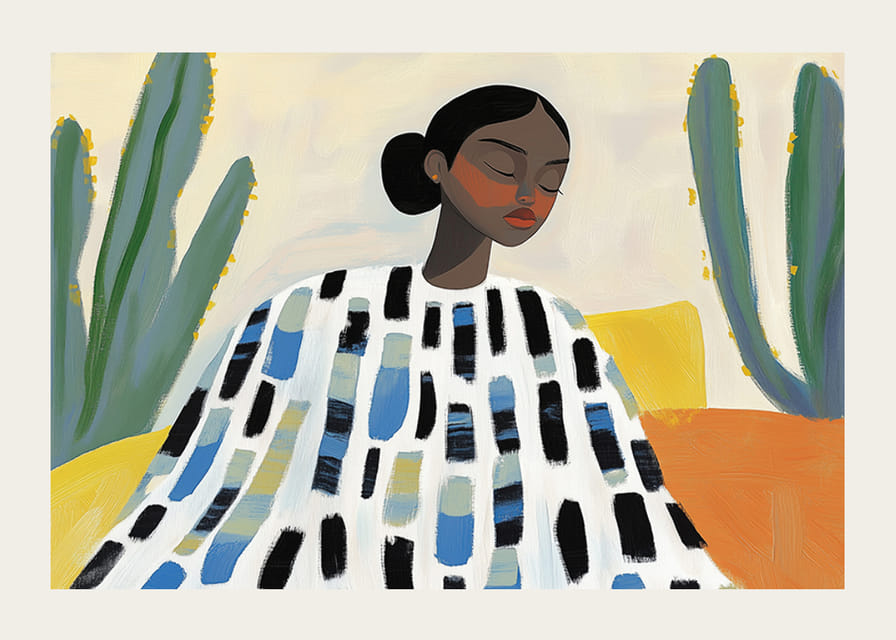 En kvinne i fredelig hvile omgitt av kaktuser og livlige farger-12