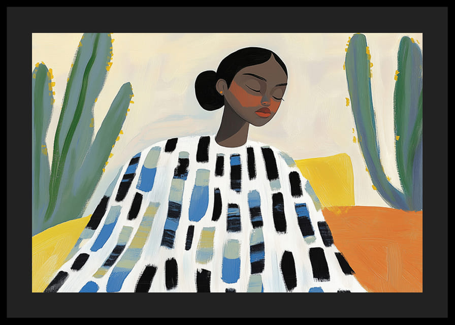 En kvinne i fredelig hvile omgitt av kaktuser og livlige farger-12