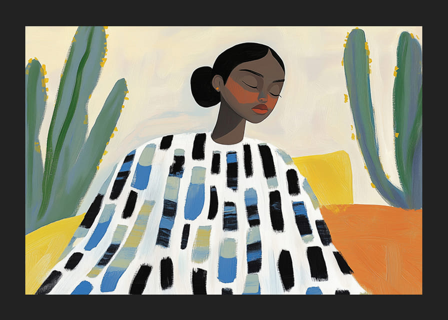 En kvinne i fredelig hvile omgitt av kaktuser og livlige farger-12