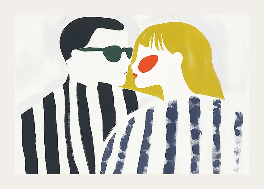 Contrasting couple in artistic stripes share an intimate moment-12