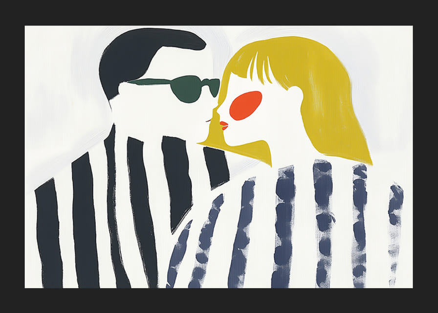 Contrasterend paar in artistieke strepen deelt een intiem moment-12