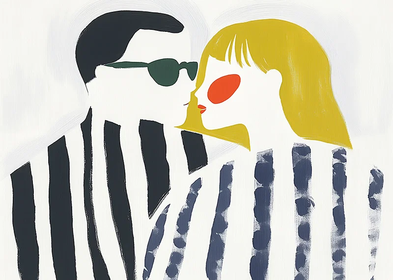 Contrasting couple in artistic stripes share an intimate moment-12