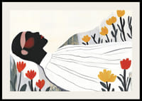 Harmonický plagát odpočívajúcej postavy obklopenej kvetmi-2