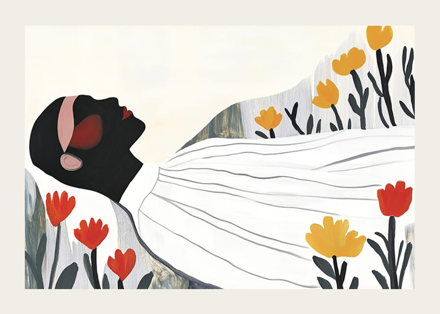 Harmonický plagát odpočívajúcej postavy obklopenej kvetmi-12