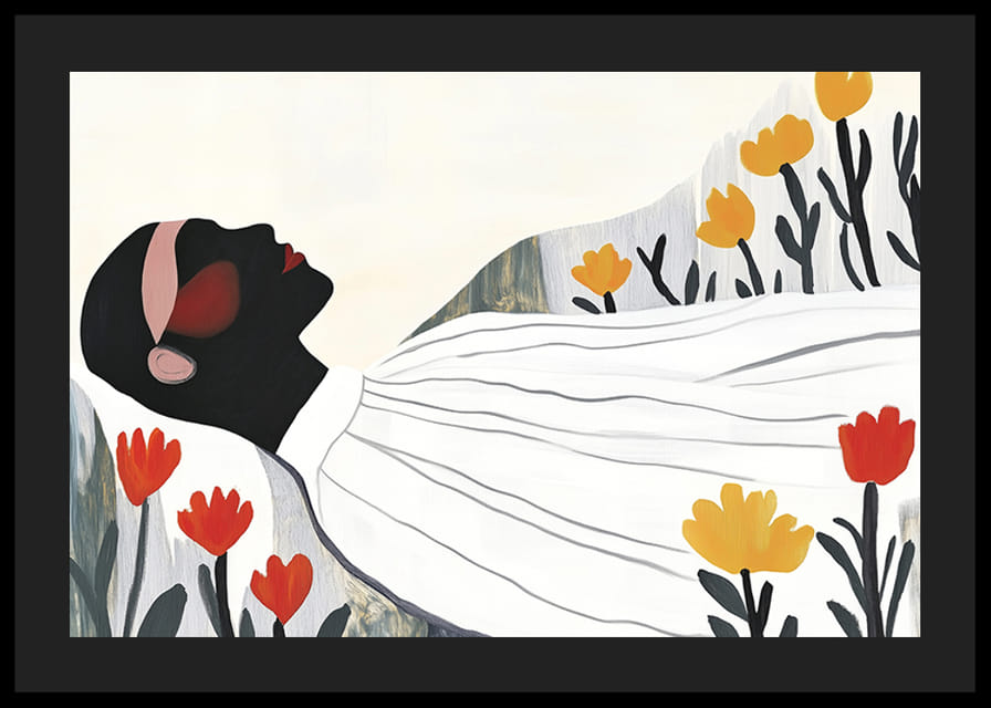 Harmonický plagát odpočívajúcej postavy obklopenej kvetmi-12