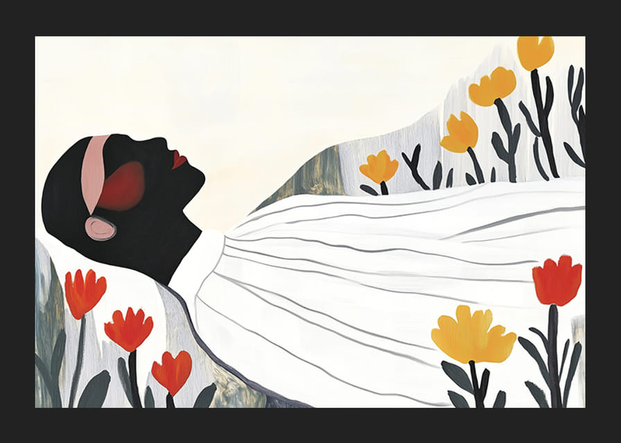 Harmonický plagát odpočívajúcej postavy obklopenej kvetmi-12