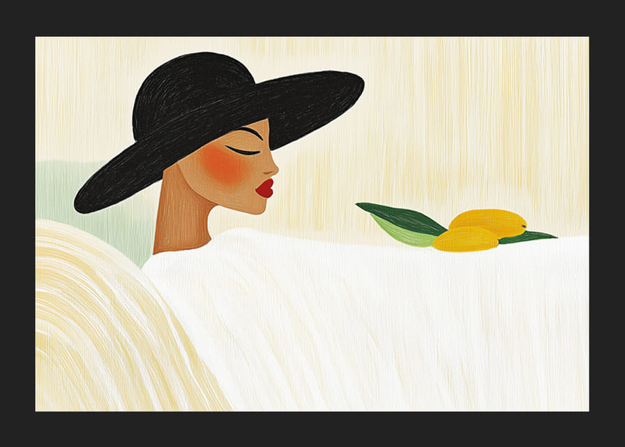 O femeie elegantă într-o pălărie se odihnește pe un fundal calm-12