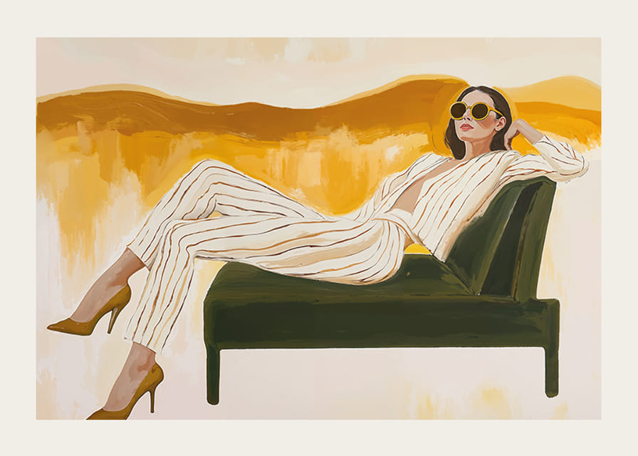 Una mujer elegante descansa en un sofisticado ambiente de salón.-12