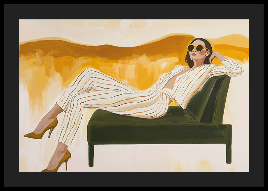 Una mujer elegante descansa en un sofisticado ambiente de salón.-12