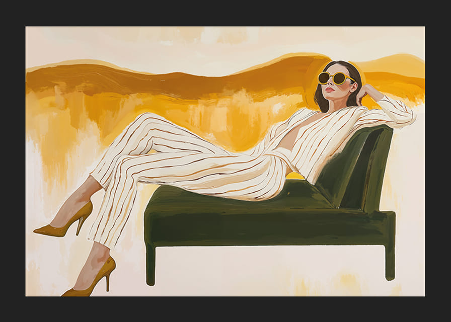 Una mujer elegante descansa en un sofisticado ambiente de salón.-12