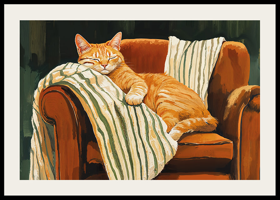 A cat sleeps peacefully in an armchair with a striped blanket-12