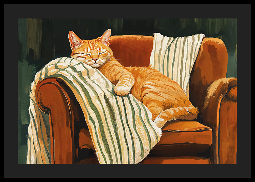 A cat sleeps peacefully in an armchair with a striped blanket-12