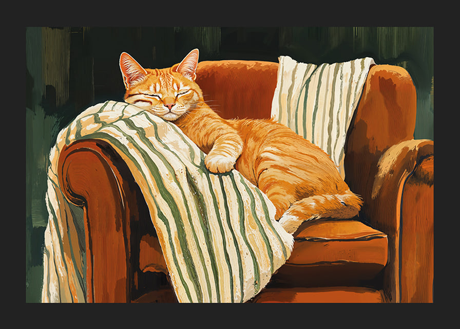 A cat sleeps peacefully in an armchair with a striped blanket-12