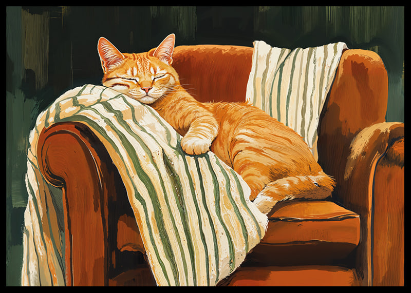 A cat sleeps peacefully in an armchair with a striped blanket-12