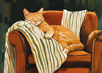 A cat sleeps peacefully in an armchair with a striped blanket-7