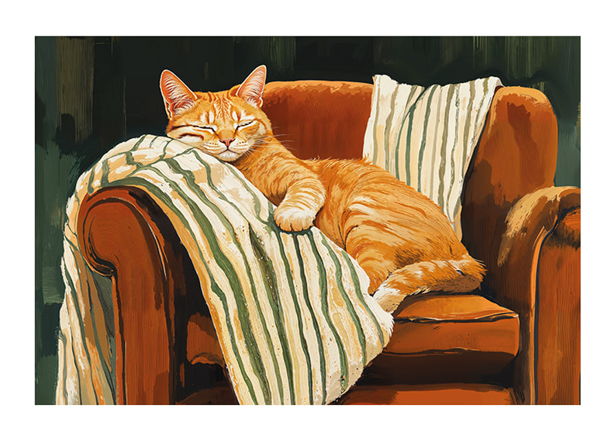 A cat sleeps peacefully in an armchair with a striped blanket-12